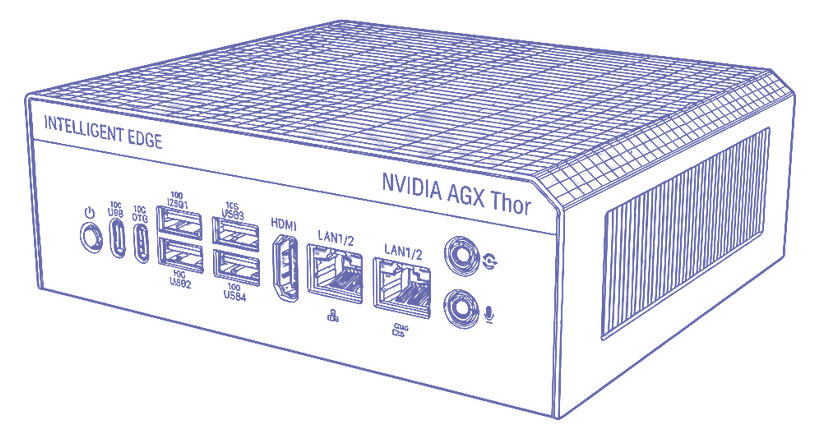 NVIDIA AGX Thor edge node — periwinkle line drawing of the chassis and front I/O