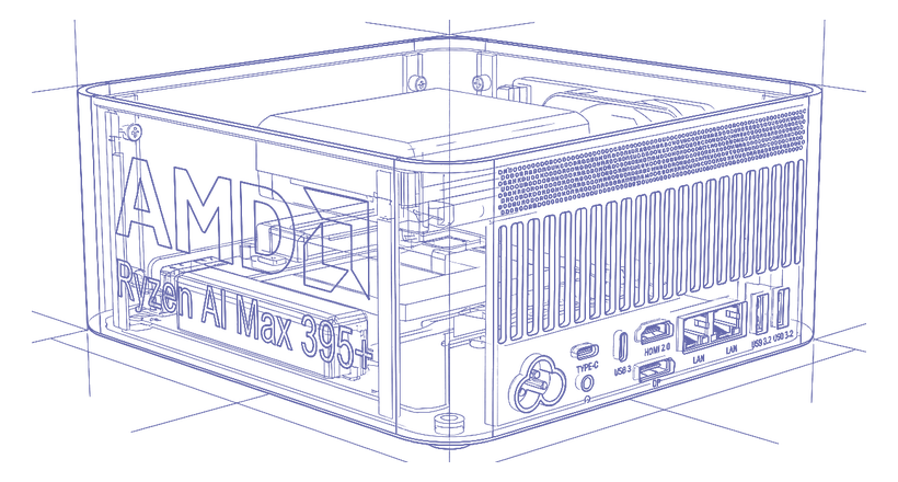 AMD Ryzen AI Max+ 395 mini AI server — periwinkle line drawing